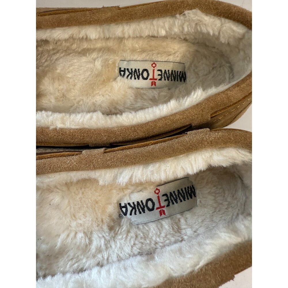 MINNETONKA Women’s  Moccasins 8 Tan Suede Leather Faux Fur Lined #4052 - Picture 5 of 6